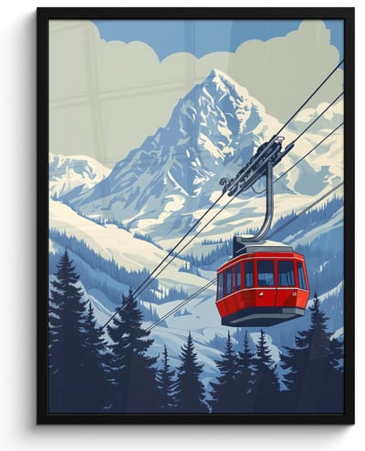 Poster in lijst - Fotolijst 60x80 cm - Posters - Kabelbaan - Sneeuw - Berglandschap - Posterlijst zwart - Decoratie - Wanddecoratie woonkamer - Muurdecoratie slaapkamer