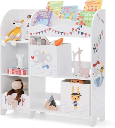 KOMFOTTEU Kinderboekenkast met 3 verdiepingen en speelgoedorganizer met 3 boekenvakken en 2 opbergdozen, vrijstaande kinderopbergkast voor speelkamer, kinderkamer (dierenzeerover)
