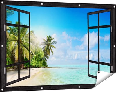 Gards Tuinposter Doorkijk Tropisch Strand bij de Licht Blauwe Zee - 120x80 cm - Tuindoek - Tuindecoratie - Wanddecoratie buiten - Tuinschilderij