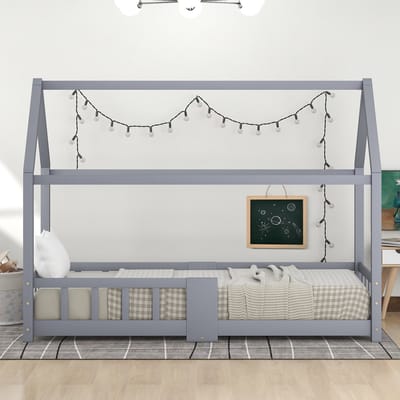VVBV Kinderbed Huisbed 90x200 cm - Lattenbodem, Valbeveiliging, Tekenbord, Grenenhout, Massief Hout, Grijs, Zonder Matras