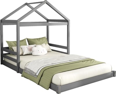 Merax Kinderbed Huisbed 140x200 cm – Huisvormig Bed van Hout met Lattenbodem (Zonder Matras) - Grijs
