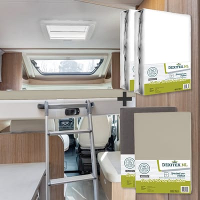 Dexitex hefbed 2 x Molton & 2 hoeslakens Zandkleur + Antraciet / Geschikt voor Camper