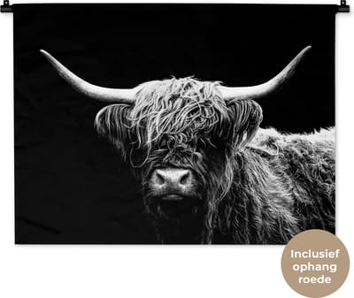 Wandkleed - Wanddoek - Schotse Hooglander - Koe - Zwart - Wit - Dieren - 90x67.5 cm - Wandtapijt
