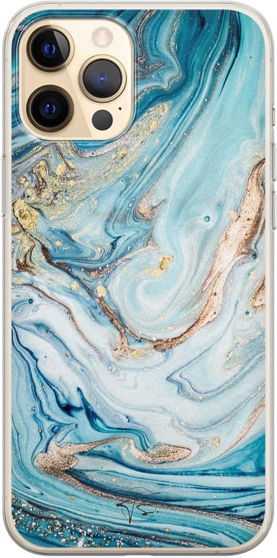 Hoesje geschikt voor iPhone 12 Pro - Marmer blauw goud - Soft Case - TPU - Marmer - Blauw - Mooie Telefoonhoesjes