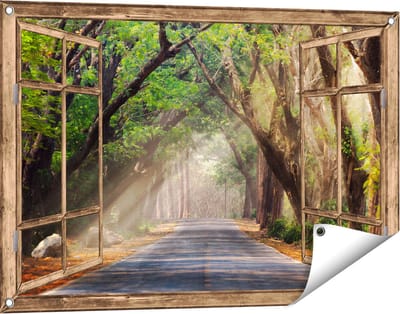 Gards Tuinposter Doorkijk Weg Omringd met Bomen - 90x60 cm - Tuindoek - Tuindecoratie - Wanddecoratie buiten - Tuinschilderij