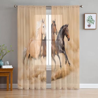 Zwart Wit Paard Aquarel Schilderij Moderne Tule Gordijnen Voor Woonkamer Slaapkamer Huis Keuken Raam Transparante Gordijnen 135W x 114H(cm) beige