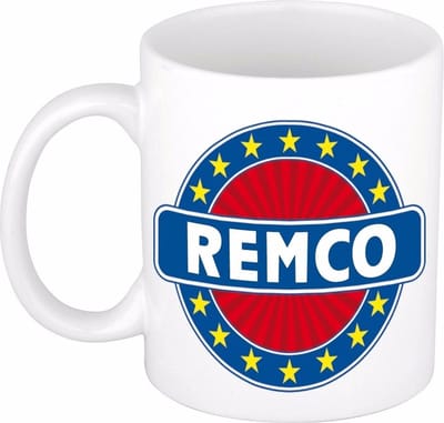 Bellatio Decorations - Remco voornaam - koffiemok - beker - wit/blauw - 300 ml - Cadeau - Heren - Collega - Vaderdag - Verjaardag