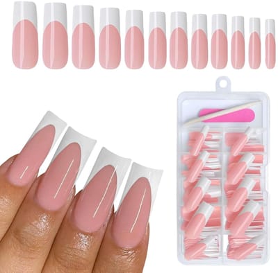 NTH products- Press-on Nagels 120 Stuks - Witte Franse Nagels - Lange Vierkante Kunstnagels - Valse Nagels - Inclusief Mini-Vijl/Houten Stok - Acryl