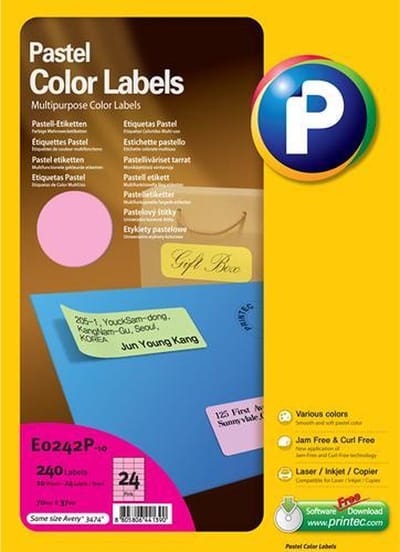 Printec Pastel Roze Etiketten - 10 Vel - 70x37mm - 24 Labels per A4 - 240 Stickers