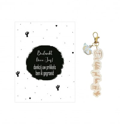 Sleutelhanger en kaartje JUF | beige | cactus | jij bent de liefste | liefste juf | topjuf | einde schooljaar | cadeau