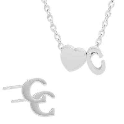 Initiaal Ketting & Oorbellen set met Letter C ZIlverkleurig - Stainless Steel - Met letter & Hartje! - 2x Sieraden Cadeau - Pax Amare