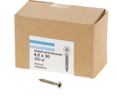 Hoenderdaal Spaanplaatschroef RVS platverzonken kop PZ2 voldraad 4.0X30 (per 200 stuks)