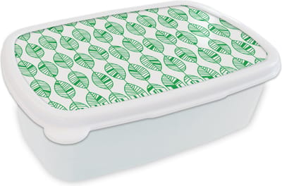 Broodtrommel Wit - Lunchbox - Brooddoos - Patroon - Blad - Groen - 18x12x6 cm - Volwassenen