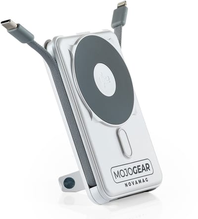 MOJOGEAR NovaMag All-in-1 Powerbank 10.000 mAh – Draadloos Qi2 supersnel opladen - Ingebouwde USB-C en Lightning kabel – Geschikt voor iPhone en Samsung - MagSafe powerbank - LED-indicator - Wit