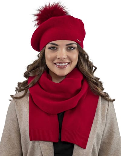 Vivisence Dames Winter Baret En Sjaal Set - Wolmix Met Wol En Acryl Met Pompon Van Imitatiebont - Zacht Comfort Voor Koude Dagen Elegant Bij Alledaagse En Chique Outfits Afmetingen Sjaal 166 x 29 cm - Rood