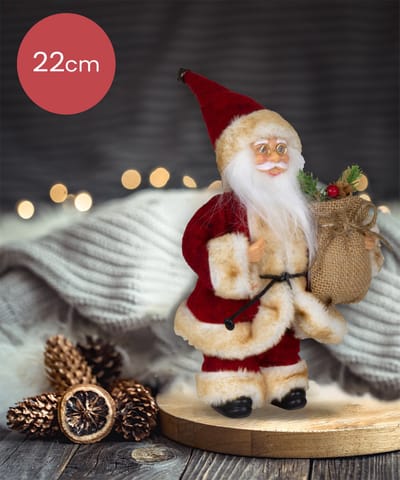 Handgemaakte Kerstman met Rood/witte kleding en juten zak onder de arm - 22cm