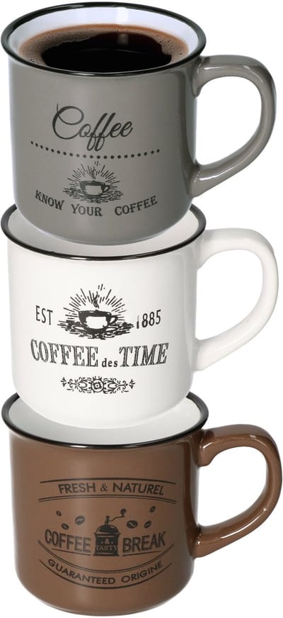 Excellent Houseware Koffiemok Cosy - set van 3x - wit / bruin / grijs - 330 ml - mokken - keramiek