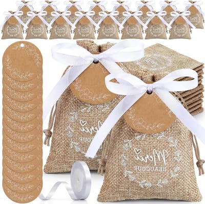 30 Cadeautasjes met Ronde Labels en Wit Lint – Snoepzakjes voor Huwelijk, Communie en Ceremoniedecoraties, Perfect voor Feestjes en Evenementen