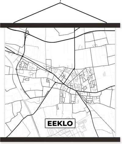 Posterhanger incl. Poster 60x60 cm - Schoolplaat - België – Eeklo – Stadskaart – Kaart – Zwart Wit – Plattegrond - Textielposter - Zwarte latten - Stadskaart