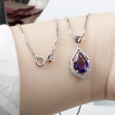 Elegante Amethist Ketting met Waterdruppelvormige Hanger voor Vrouwen Temperament Edelsteen Zilver 925 Sieraden Bruiloften Cadeau 45cm paars