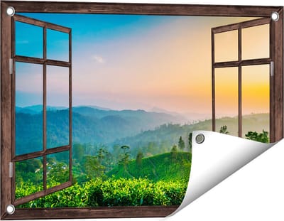 Gards Tuinposter Doorkijk Zonsondergang op een Thee Plantage - 60x40 cm - Tuindoek - Tuindecoratie - Wanddecoratie buiten - Tuinschilderij