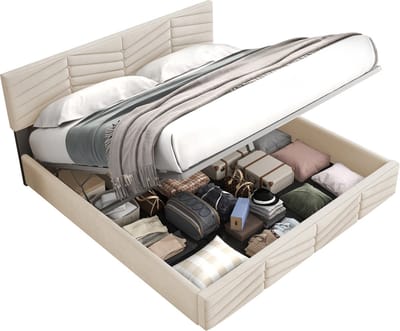 Merax Luxe Gestoffeerd Bed 160x200 cm – Beige Fluweel – Tweepersoonsbed met Hydraulisch Opbergruimte en Verstelbaar Hoofdbord