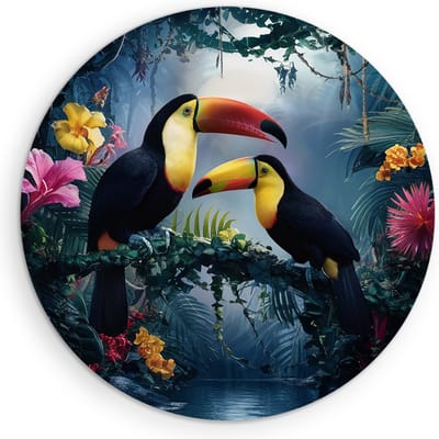 Saammp Muurcirkel Hout - 2 toekans tussen de bloemen - Dieren - Bloemen - Ø 90 - Wandcirkel - Wanddecoratie Cirkel - muurdecoratie Woonkamer - Slaapkamer decoratie - Rond Schilderij