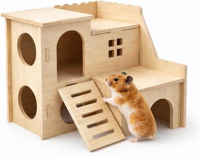 Daity Mini-hamsterdoolhof – Houten huisje met leuke glijbaan & schuilplaats met twee verdiepingen – Geschikt voor dwerggerbils - muizen - ratten en andere kleine dieren (uitsluitend voor kleine hamsters)