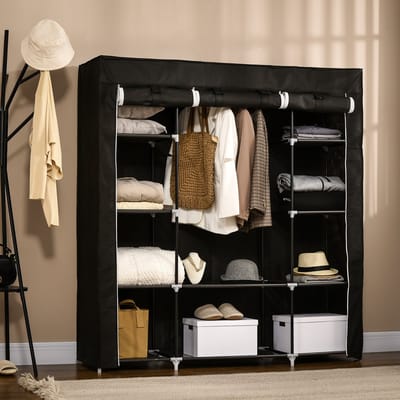 MODFU Stoffen Kledingkast - 1 Hangstang En 10 Open Vakken - Ruimtebesparend - Stalen Frame - Zwart - 150 X 43 X 162,5 Cm