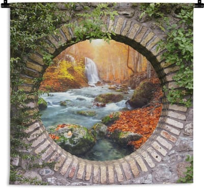 Wandkleed - Wanddoek - Herfst - Waterval - Natuur - Doorkijk - 180x180 cm - Wandtapijt