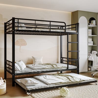 Hoogslaper - stapelbed - met uitschuifbaar bed - bovenbed met zijhekken - zwart, 90x200cm&90x190cm - zonder matras