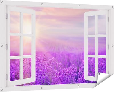 Gards Tuinposter Doorkijk Bloemenveld met Paarse Lavendel - 150x100 cm - Tuindoek - Tuindecoratie - Wanddecoratie buiten - Tuinschilderij