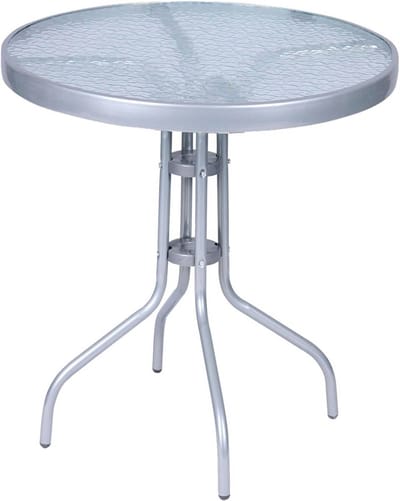 Ronde Balkontafel met Glasplaat - Ø 60 cm, Zilverkleurig, Weerbestendig Tuinmeubel