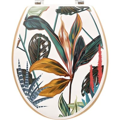 5five Toiletbril, Palawan hout + zinken klep, Tropical leaves universiel