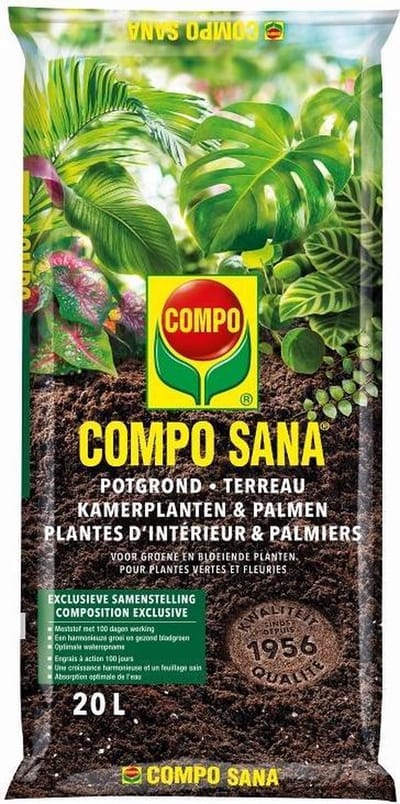 COMPO SANA Potgrond Kamerplanten & Palmen - inclusief meststof met 100 dagen werking - voor alle groene en bloeiende kamerplanten - verzekert een harmonieuze groei en gezonde bladeren - zak 20L