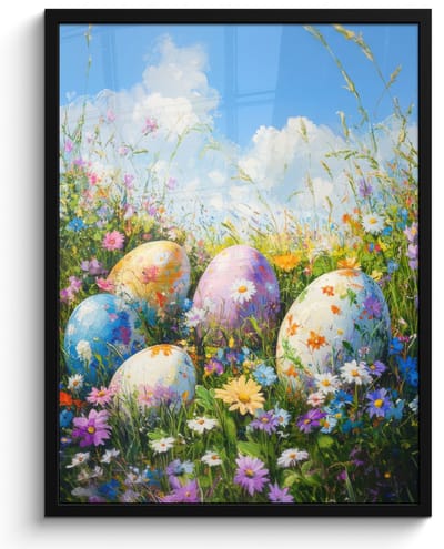 Poster in lijst - Fotolijst 50x70 cm - Posters - Grasveld - Eieren - Bloemen - Posterlijst zwart - Decoratie - Wanddecoratie woonkamer - Muurdecoratie slaapkamer