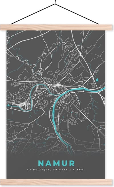 Posterhanger incl. Poster 40x60 cm - Schoolplaat - Plattegrond – Namur – Blauw – Stadskaart - Kaart - België - Textielposter - Blanke latten - Stadskaart