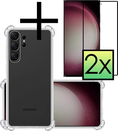 Hoesje - Met Screenprotector - 2 Stuks - Geschikt voor Samsung Galaxy S23 Ultra - Sterk & Shockproof - Siliconen Case - Back Cover - Telefoon Hoes - Shock Proof - Transparant