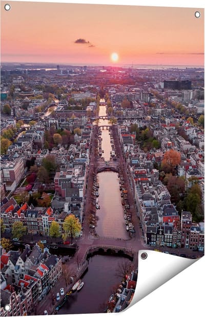 Gards Tuinposter Bovenaanzicht Amsterdam met Zonsondergang - 60x80 cm - Tuindoek - Tuindecoratie - Wanddecoratie buiten - Tuinschilderij