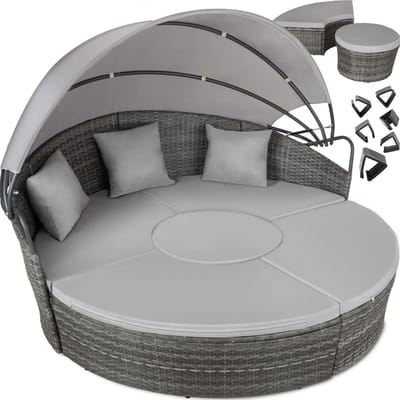 tectake® Wicker Zonne-eiland Santorini - Loungebed voor 2 Personen - Multifunctioneel Rond Ligbed met Zonnescherm - Vrij in te delen Tuin Ligstoel met Luifel - UV- en Weerbestendige Tuinset - Loungeset Inclusief Kussens - Grijs