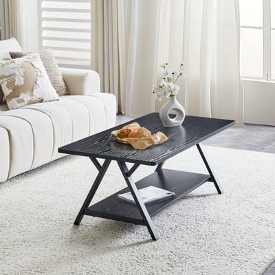 Wishdor - Salontafel - Met Opbergrek En X-Vormig Frame - Industrieel - Voor Woonkamer - MDF En Metaal - Zwart - 110 X 57 X 44,5 Cm
