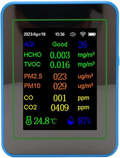 Luchtkwaliteitsmeter - Detector Binnenlucht - Gezonde Leefomgeving - 12-in-1 Metingen - 90x70x35 mm - Wit en blauw