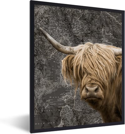 Poster in lijst - Fotolijst 30x40 cm - Posters - Schotse hooglander - Wereldkaart - Dieren - Posterlijst zwart - Decoratie - Wanddecoratie woonkamer - Muurdecoratie slaapkamer
