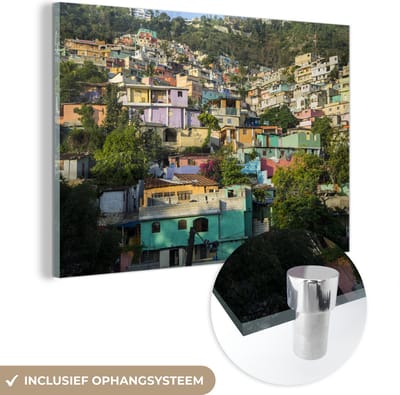 ® Glasschilderij 180x120 cm - Schilderij acrylglas - Een kleurrijke buurt in Port-au-Prince van Haïti - Foto op glas - Muurdecoratie woonkamer - Wanddecoratie slaapkamer - Schilderijen