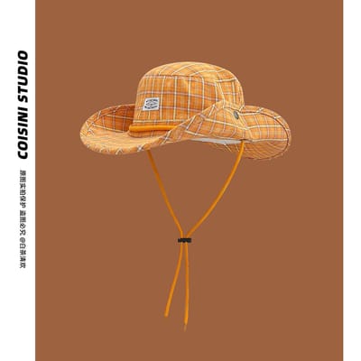 Chapeaux seau décontractés à carreaux style coréen, nouveaux, niche, pour femmes, été, extérieur, camping, à larges bords, protection solaire, chapeau de soleil avec cordon de serrage 56-58cm beige