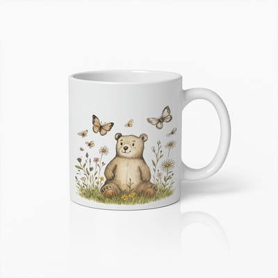 Schattige Beer en Vlinder Bloemen Keramische Mok - Lief Natuur Geïnspireerde Koffiebeker Cadeau