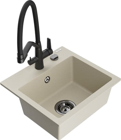Mexen Milo granieten gootsteen 1-komor met keukenkraan Duo, beige - 6505-69-671701-70-B