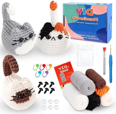 Complete Haakset voor Beginners met Video-instructies, Haakset voor 3 Schattige Katten, Eenvoudig Haak- en Breiwerk voor Dierenfiguren