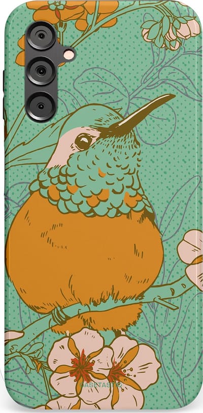Casetastic hoesje geschikt voor Samsung Galaxy A14 (2023) 5G / Samsung Galaxy A14 (2023) 4G - Dubbellaagse bescherming - Bloesem Kolibrie - Fashion Case - Mintgroen Okergeel Zand