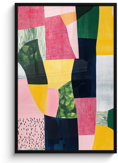 Poster in lijst - Fotolijst 80x120 cm - Posters - Abstract - Roze - Lappen - Vormen - Geel - Posterlijst zwart - Decoratie - Wanddecoratie woonkamer - Muurdecoratie slaapkamer